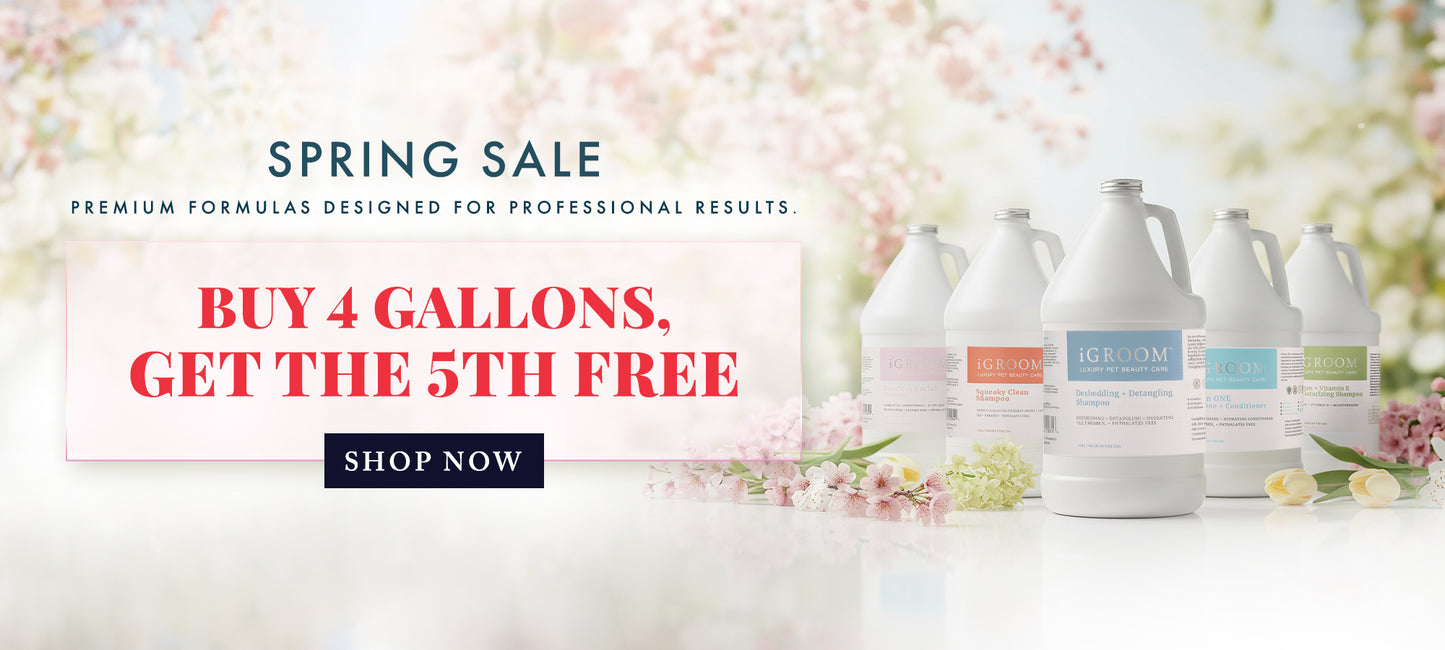 Spring sale advertisement with large bottles of cleaning products on a light background.