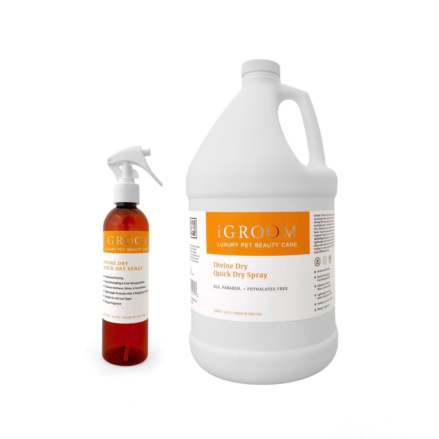 iGroom Divine Dry pet grooming products including a spray bottle and a large container on a white background