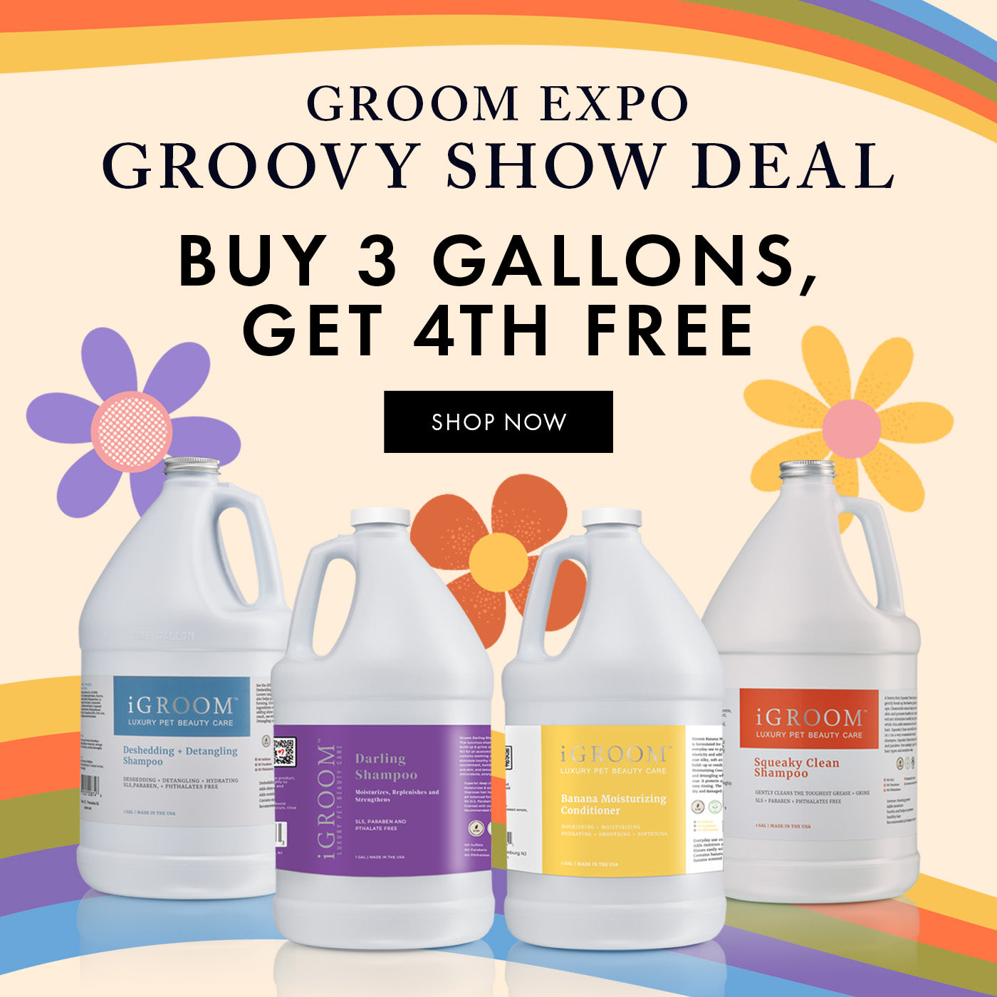 Promotional graphic for Groom Expo with iGroom product bottles and a 'Buy 3 Gallons, Get 4th Free' offer.