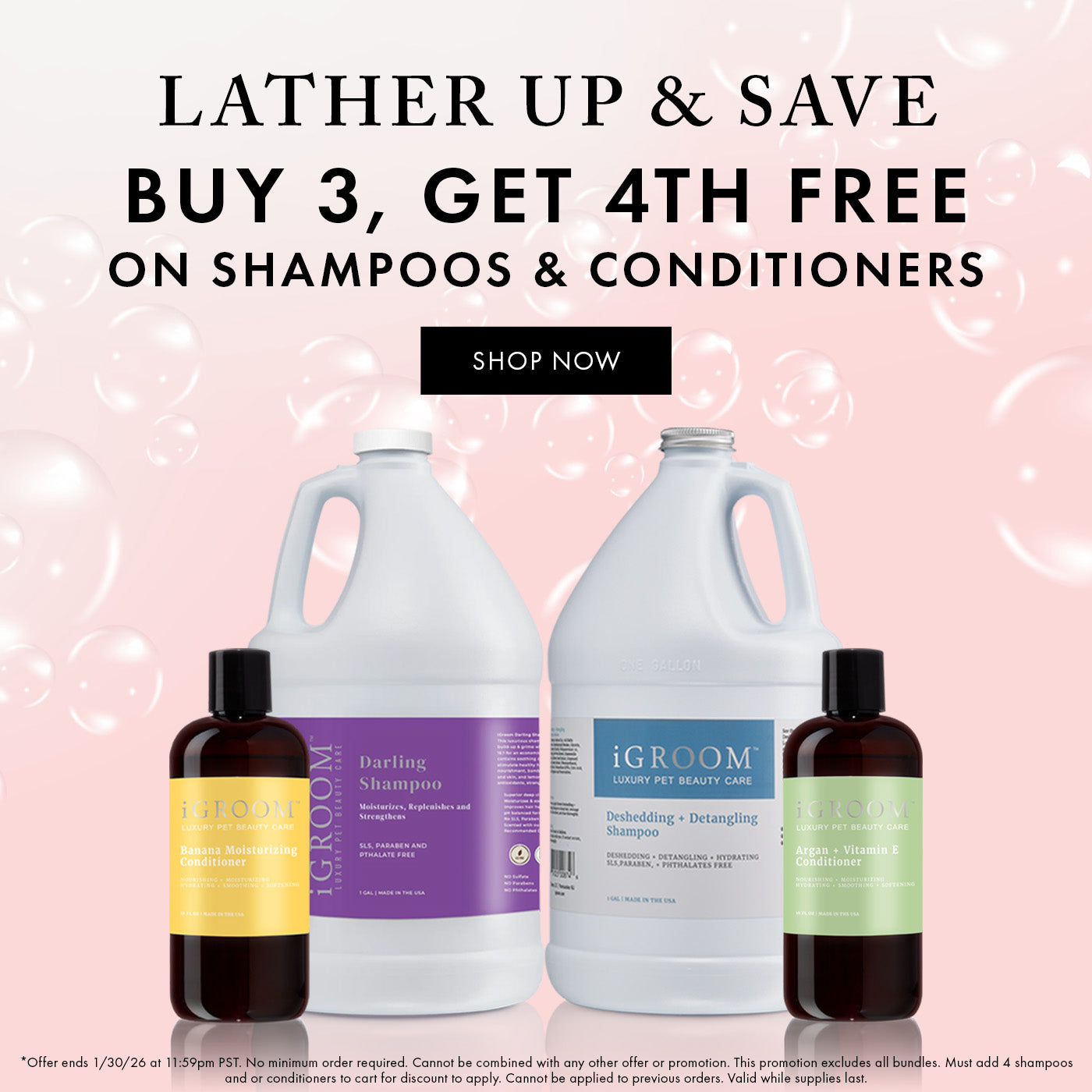 Promotional image of iGroom shampoo and conditioner bottles with a buy 3, get 4th free offer on a pink background.