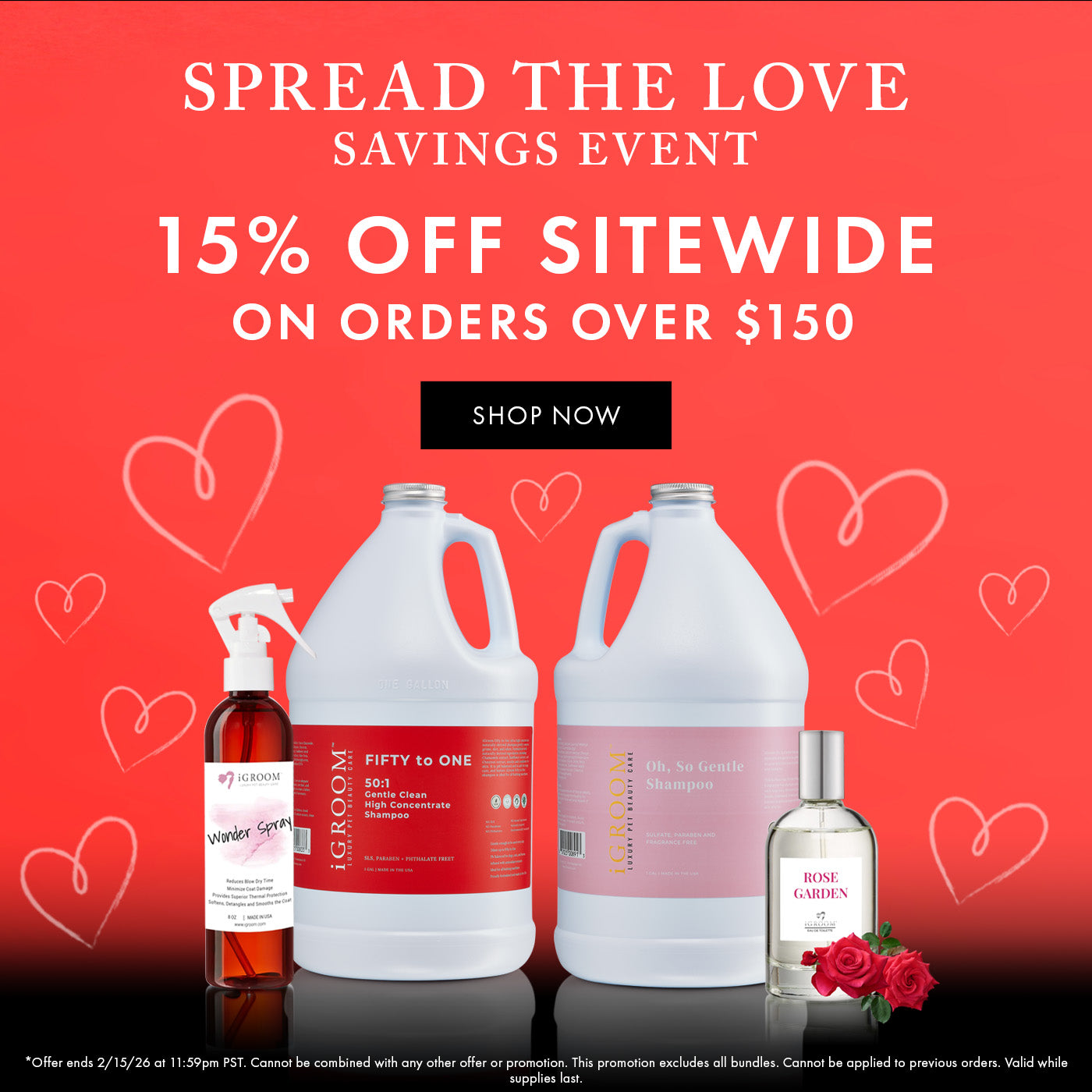 Promotional graphic for a savings event with pet grooming products on a red background with heart designs.