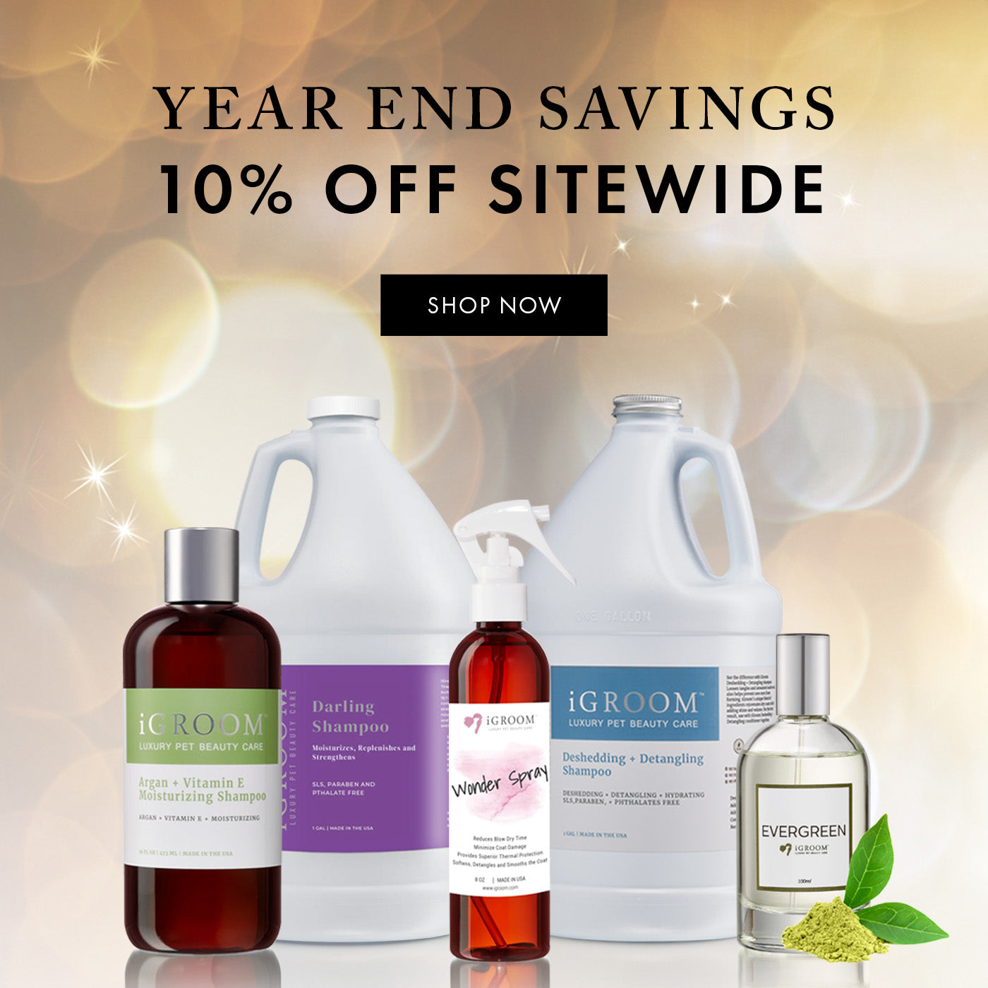 Promotional image of pet grooming products with a 'Year End Savings' offer on a blurred background.