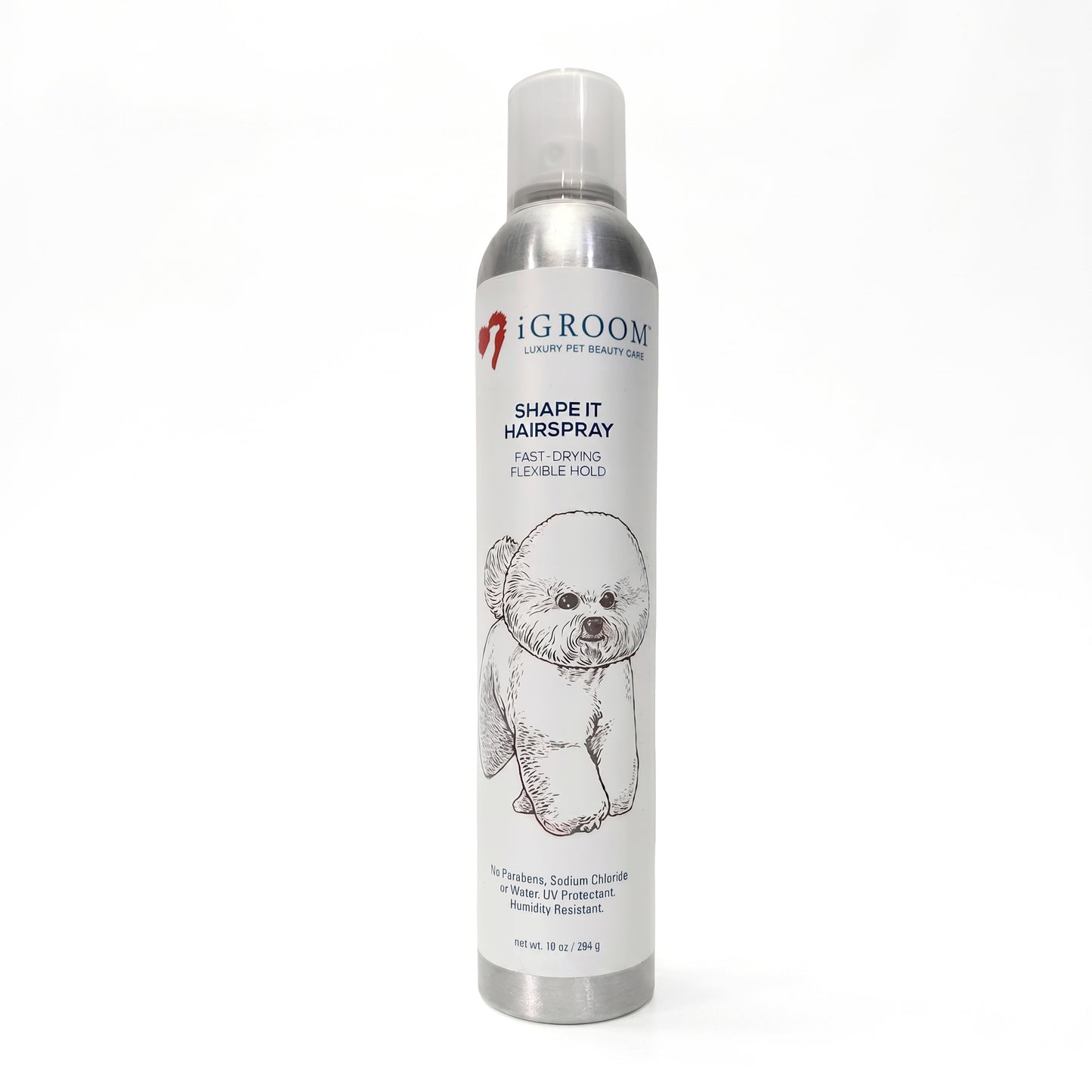 iGroom Shape It Hairspray bottle on a white background