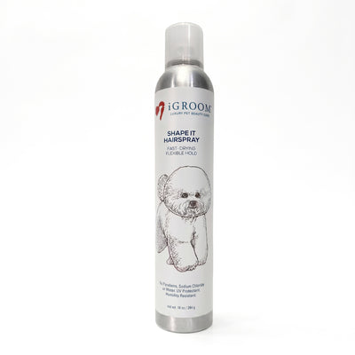 iGroom Shape It Hairspray bottle on a white background