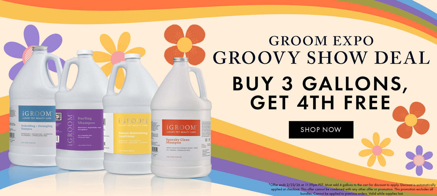 Three large bottles of Groom Expo products with a colorful background featuring flowers and a rainbow.