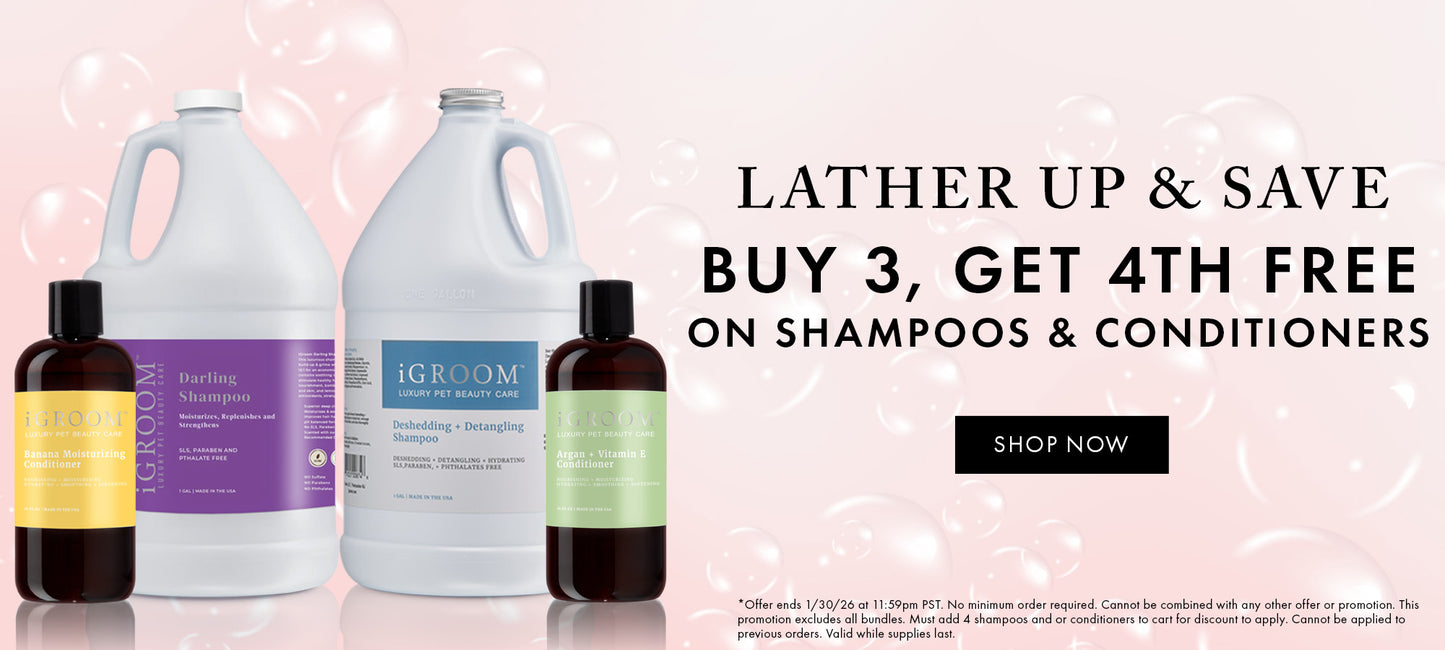 Promotional banner for shampoos and conditioners with a 'Buy 3, Get 4th Free' offer.