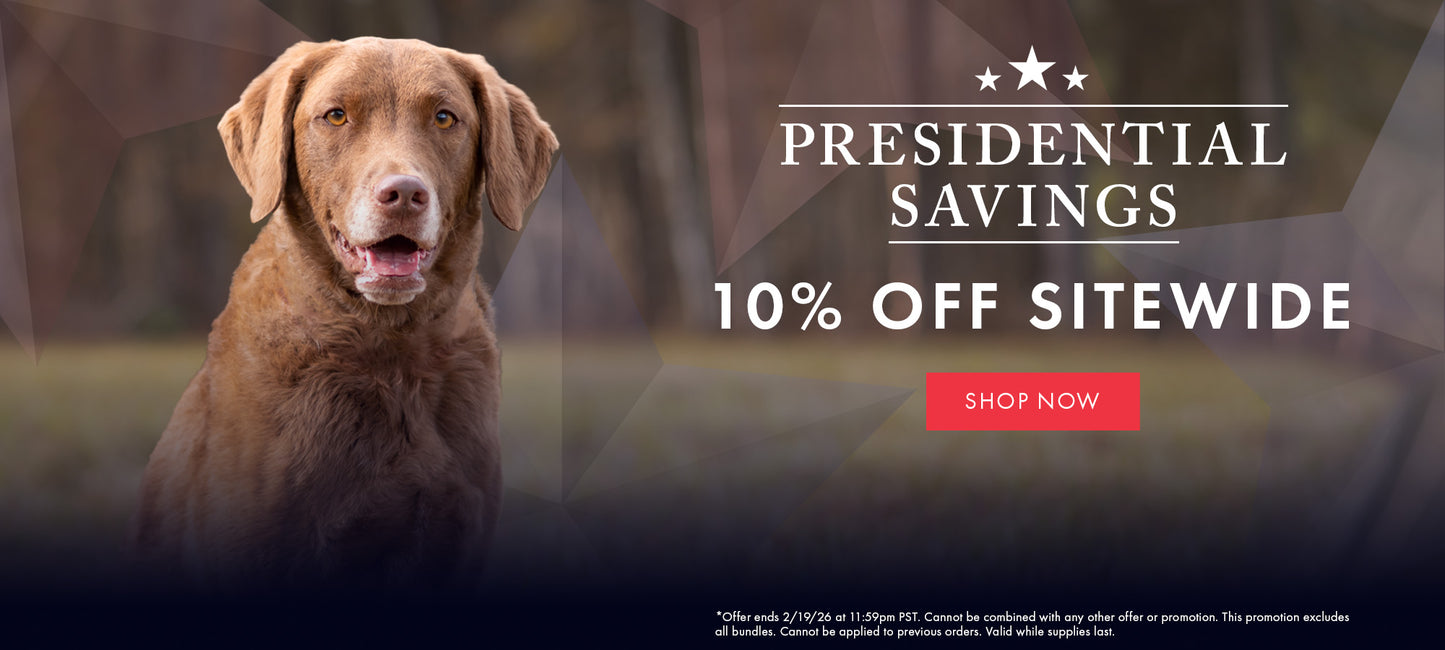 Brown dog with promotional text for Presidential Savings and a 'Shop Now' button.