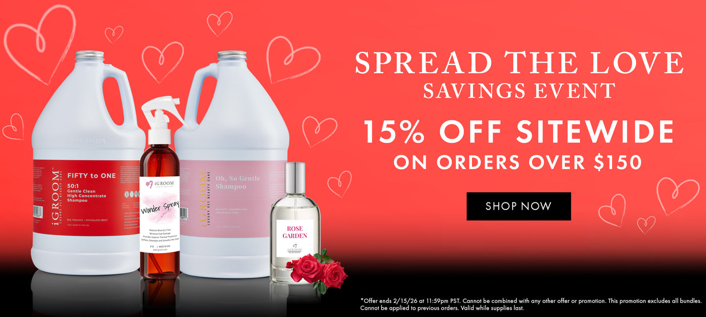Promotional banner for a 'Spread the Love Savings Event' with pet grooming products on a red background.