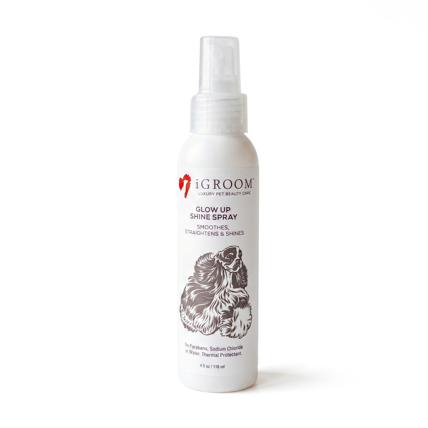 iGroom Glow Up Shine Spray bottle on a white background