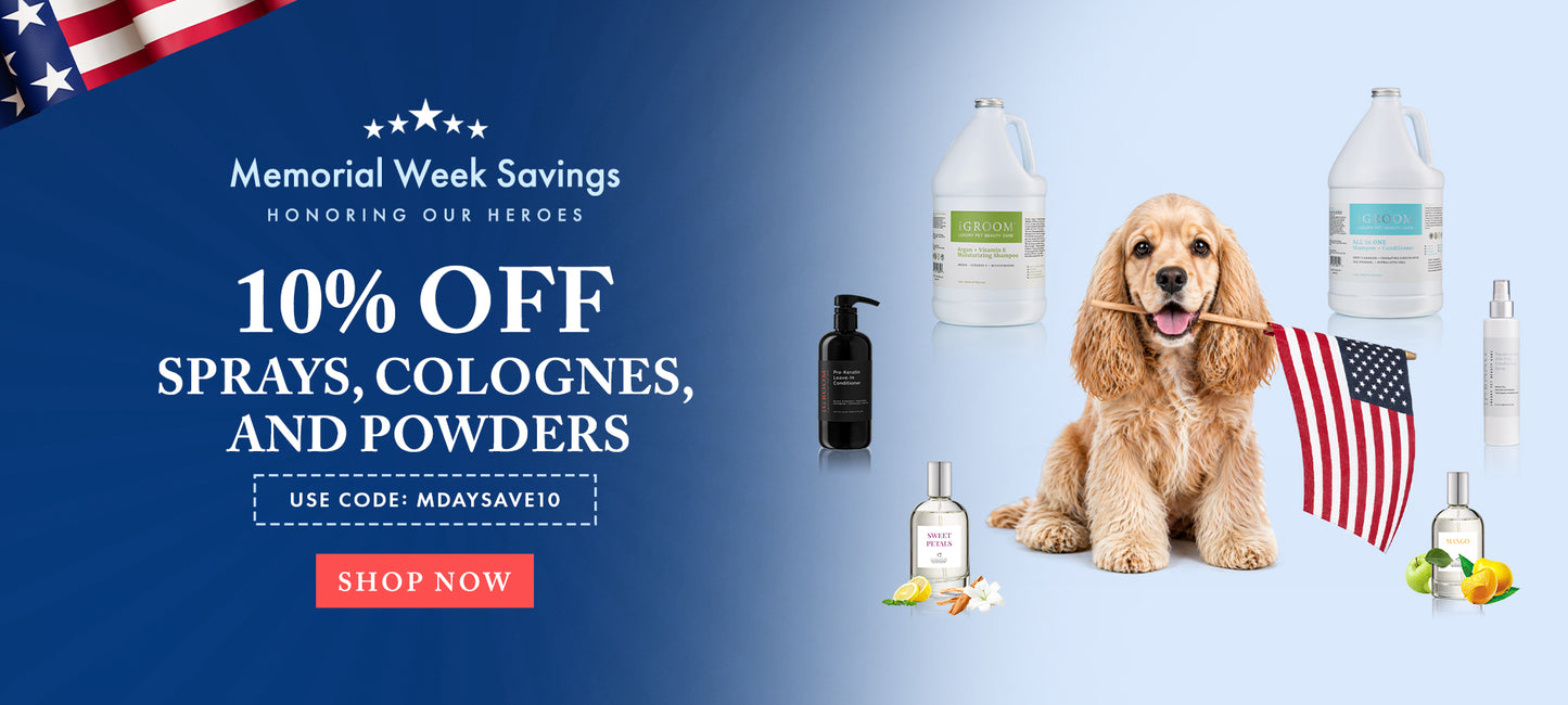 Promotional banner for Memorial Day savings on pet products with a dog and various bottles.