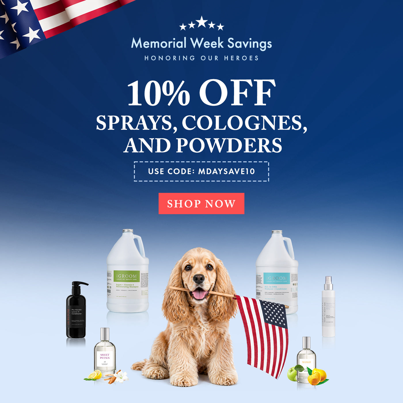 Promotional advertisement for Memorial Day savings on pet products with a dog holding an American flag.