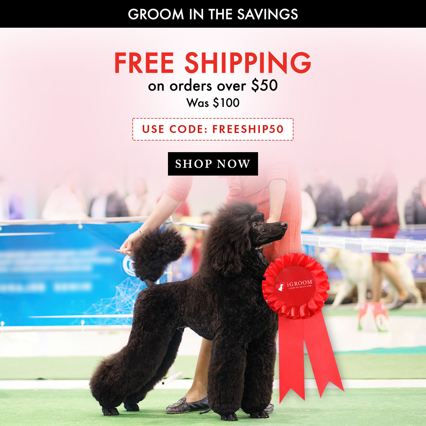Promotional banner for 'Groom in the Savings' featuring a black poodle on a green show floor with a handler. The image includes text overlays advertising free shipping on orders over $50 with a discount code 'FREESHIP50' and a 'SHOP NOW' button, alongside a red ribbon award on the dog.