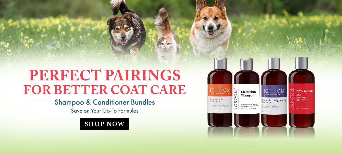 Advertisement for pet grooming products with dogs and a cat in a field, featuring shampoo and conditioner bundles.