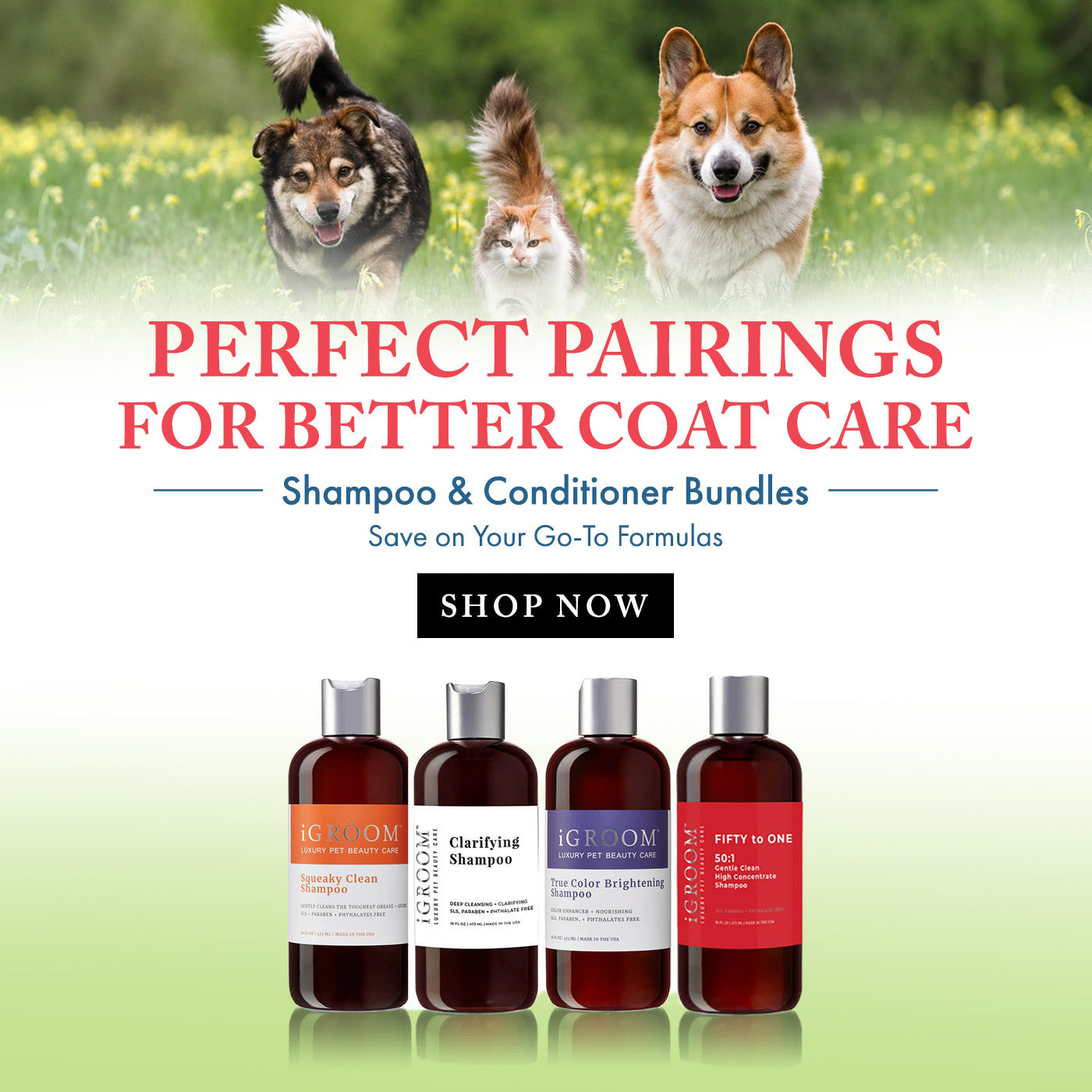 Advertisement for pet grooming products with dogs and a cat in a field, featuring shampoo and conditioner bundles.