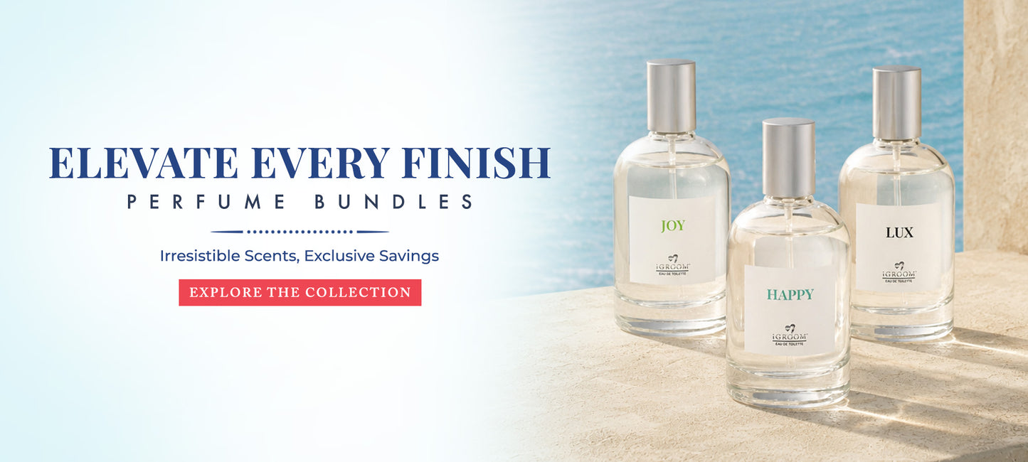 Three perfume bottles labeled 'JOY', 'HAPPY', and 'LUX' with a scenic background.