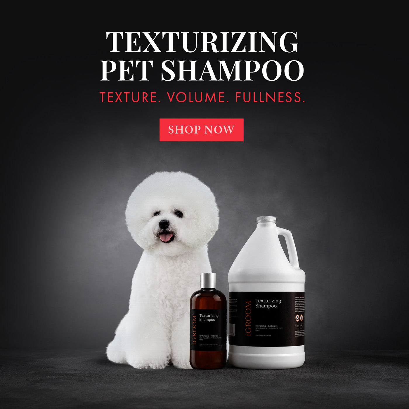 Texturizing pet shampoo with a white dog and products on a dark background